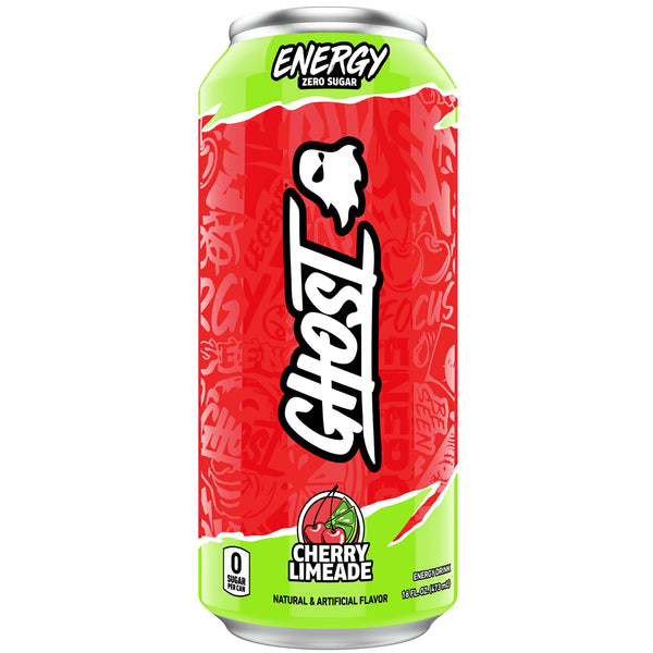 The Ghost Energy Drink Cherry Limeade - 16oz (473ml) delivers a bold and refreshing cherry limeade flavor, packed with energy and focus-enhancing ingredients, making it the perfect Ghost Energy 16oz can for fans of Ghost Energy Cherry Limeade and a tangy, invigorating boost.