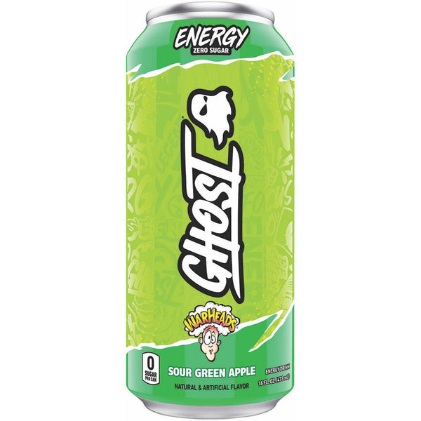 Ghost Energy Drink, Warheads Sour Green Apple, sour energy drink, green apple energy drink, zero sugar energy drink, 200mg caffeine energy drink, Warheads collaboration, Ghost Energy 16oz, sour candy energy drink, clean energy boost, Alpha-GPC energy drink, Carnipure energy drink, no crash energy drink, tangy energy drink.