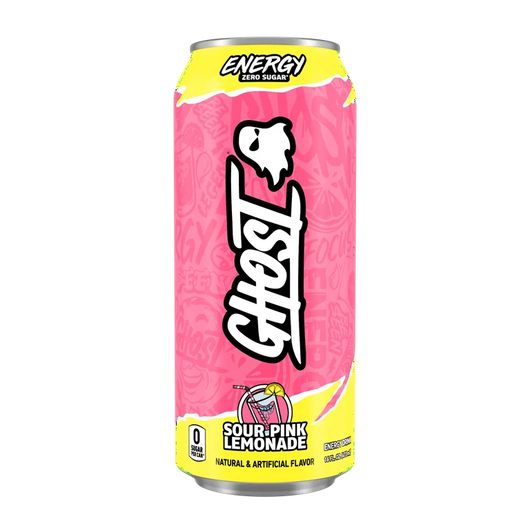 Ghost Sour Pink Lemonade, pink lemonade energy drink, zero sugar energy drink, sour energy drink, summer energy drink, 200mg caffeine, Ghost Energy 16oz, tart lemonade drink, no crash energy