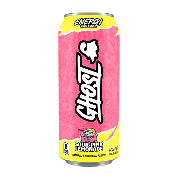 Ghost Sour Pink Lemonade, pink lemonade energy drink, zero sugar energy drink, sour energy drink, summer energy drink, 200mg caffeine, Ghost Energy 16oz, tart lemonade drink, no crash energy