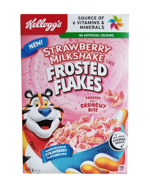 Frosted Flakes Strawberry, limited edition cereal, strawberry milkshake cereal, Kellogg’s special flavors, Tony the Tiger cereal, pink frosted flakes, USA imported cereal, 329g cereal box