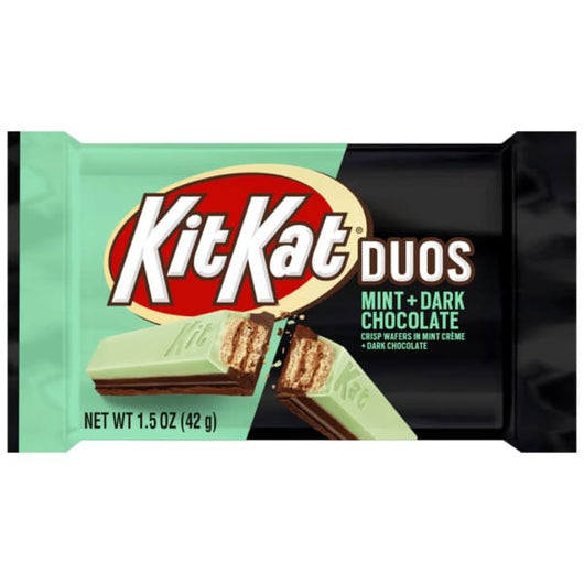 Kit Kat Duos Mint & Dark Chocolate, mint chocolate candy, limited edition Kit Kat, dark chocolate Kit Kat, crispy wafer candy, mint-flavored candy, Kit Kat snack bar, portable chocolate bar, Kit Kat collectors, Kit Kat Duos flavor, limited-time candy.