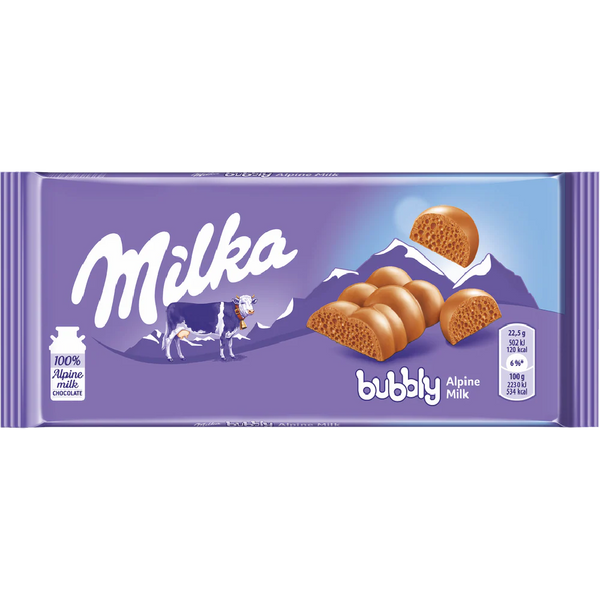 Buy Milka Bubbly Chocolate Milk – light, airy Alpine milk chocolate with a bubbly texture that melts in your mouth. 90g bar.