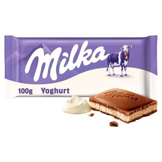 Milka Yogurt Chocolate Bar, Milka Joghurt Chocolate, Alpine milk chocolate with yogurt, Milka 100g chocolate bar, Milka box of 22, European chocolate bars, yogurt-filled chocolate, imported Milka chocolate, creamy milk chocolate snack, bulk Milka chocolate deals.