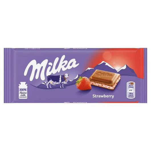 Milka Strawberry chocolate, strawberry-filled chocolate bar, Milka 100g bar, European chocolate, Milka Alpine milk chocolate, fruity chocolate bar, strawberry cream filling, Milka chocolate treat, imported Milka chocolate, creamy chocolate with strawberry.