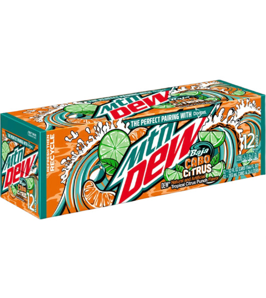 Mountain Dew Baja Cabo Citrus, limited edition Mountain Dew, tropical soda, USA import soda, citrus energy drink, rare Mountain Dew flavor, 12oz Dew can, caffeinated tropical soda, Baja Blast alternative