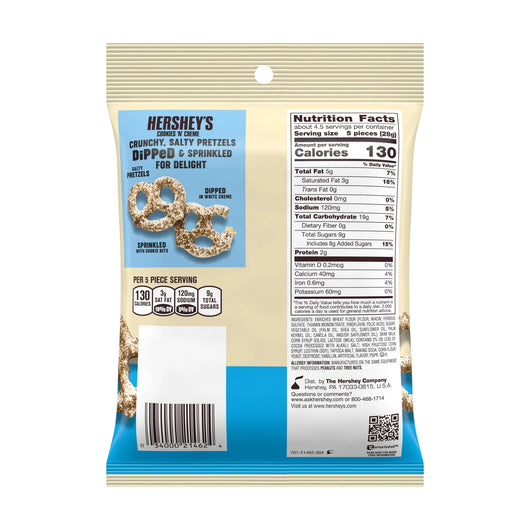 Back view of Hershey's Crunchy Salty Pretzels packaging with nutritional information.