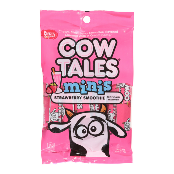 Strawberry Smoothie Cow Tales Minis, chewy caramel candy, strawberry-flavored candy, Cow Tales minis, fruity and creamy treats, bite-sized candies, nostalgic candy, resealable candy bag, strawberry smoothie snacks, caramel-filled candy.