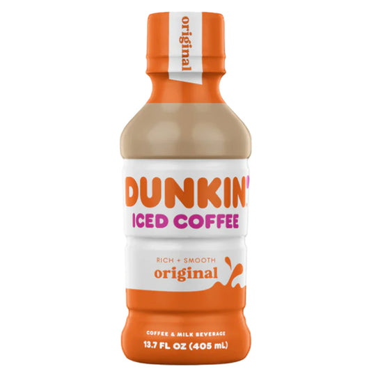 Dunkin' Original Iced Coffee, ready-to-drink iced coffee, Dunkin' coffee bottle, rich coffee with cream, on-the-go coffee drink, iced coffee beverage, Dunkin' Arabica coffee, convenient coffee drinks, caffeinated beverages, portable iced coffee.