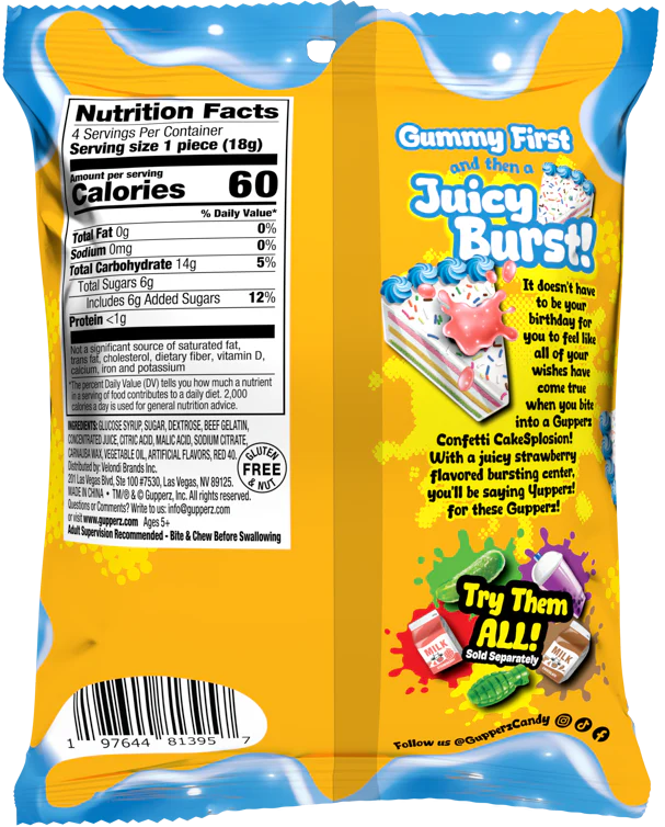 Gupperz Gummy Liquid Filled Popperz Confetti Cake Splosion 2.54oz (72g ...