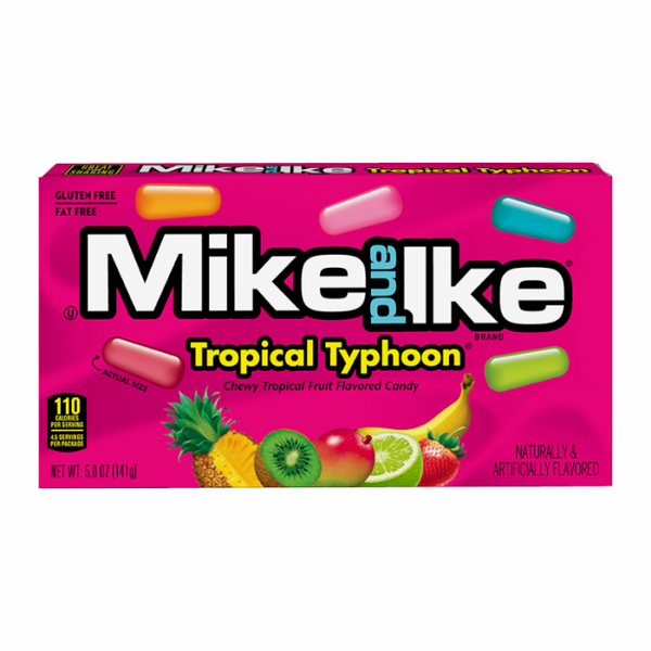 Mike & Ike Tropical Typhoon, tropical fruit candy, chewy candy, fruity candy, theater box candy, vegan candy, gluten-free candy, exotic candy flavors, beach snacks, island flavors, movie night candy, candy nutritional facts.
