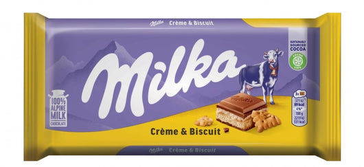 Milka Cream & Biscuit chocolate, biscuit-filled chocolate bar, Milka 100g bar, European chocolate, Milka Alpine milk chocolate, creamy biscuit chocolate, chocolate with biscuit pieces, imported Milka chocolate, crunchy chocolate bar, Milka snack.