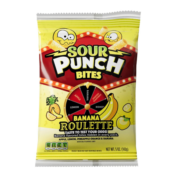 Sour Punch Bites Banana Roulette, sour candy game, banana sour candy, USA imported candy, roulette candy challenge, chewy sour candy, tropical sour snacks, Sour Punch 5oz, fun party candy, dare snacks