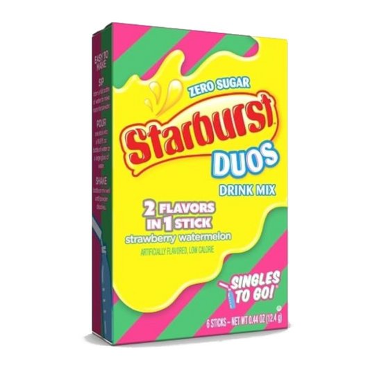 Starburst Singles to Go, DUOS Strawberry Watermelon, sugar-free drink mix, Starburst drink mix, low-calorie hydration, fruity drink mix, portable drink packets, gluten-free drink mix, candy-inspired hydration, instant fruity flavor, Starburst water enhancer.