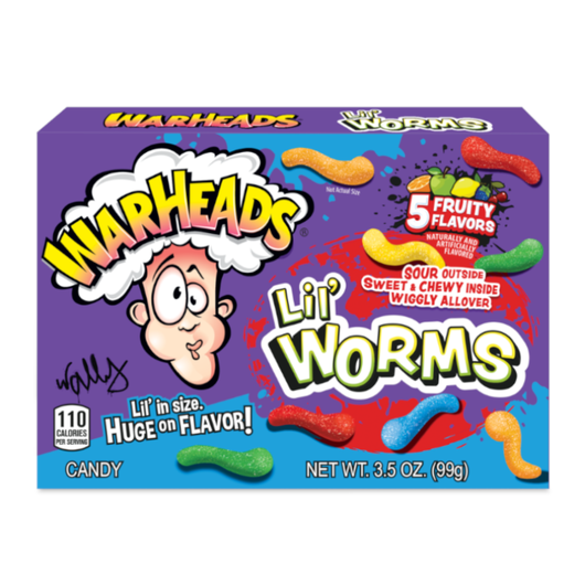 Warheads Lil' Worms, Warheads sour gummy worms, Warheads theater box, sour fruit candy, chewy sour gummies, Warheads 3.5oz, best sour gummy candy, Warheads gummy flavors, movie night candy, sour-then-sweet treats.